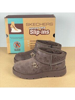 Skechers Slip-Ins Keepsakes Cozy Floral Mini Boots Womens 6.5 Chocolate Brown